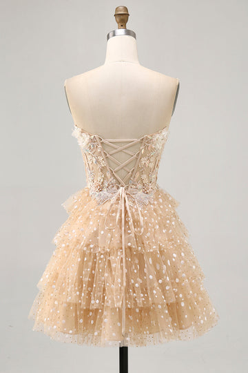 Champagne A Line Strapless Tiered Appliqued Homecoming Dress